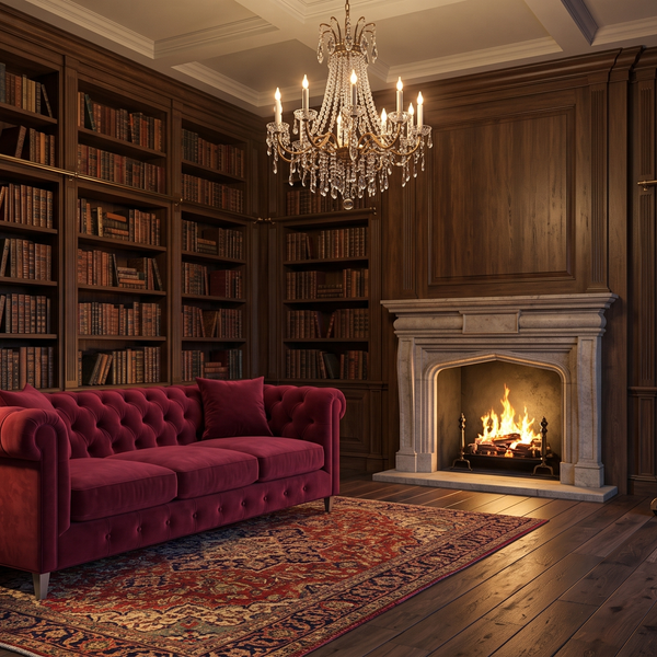 Chesterfield sofa in a grand private library