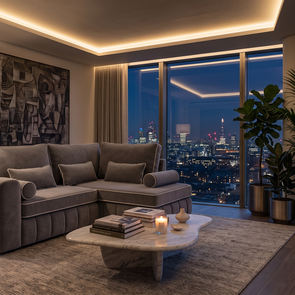 Corner sofa in a London penthouse at night