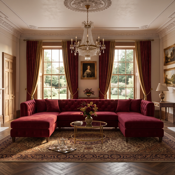 U shaped chesterfield sofa in a Victorian drawing room