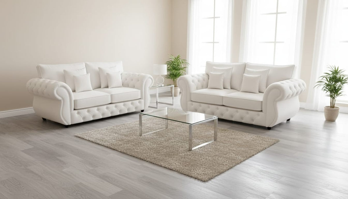 Rio Chesterfield Sofa Set – 3 + 2 Seater White Velvet Suite