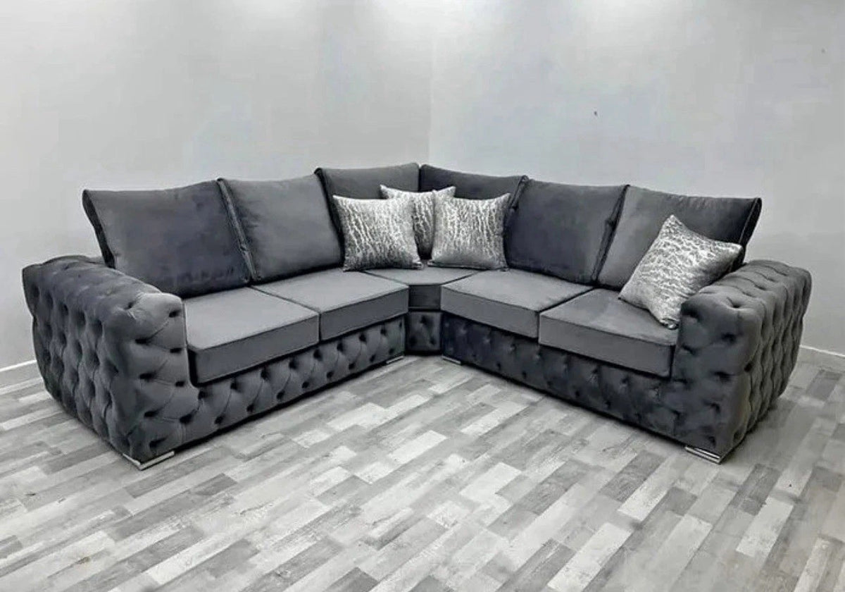 Luxury Ashton Chesterfield 2C2 Sofa Set Steel Grey Plush Fabric