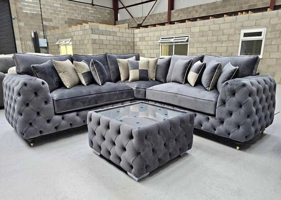 Luxury Ashton Chesterfield 2C2 Sofa Set Steel Grey Plush Fabric