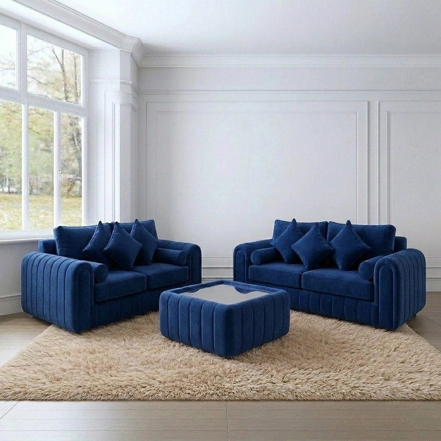 Lilly 3+2 Seater Sofa Blue Velvet with Glass Table
