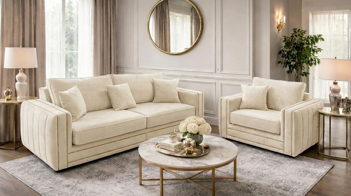 Alaska 3+1 Seater Velvet Sofa Set in Cream – Modern Luxury Design with Cushions