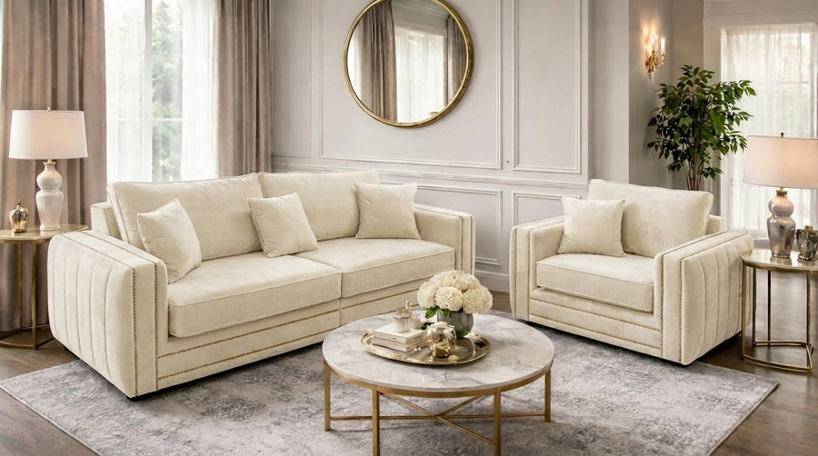 Alaska 3+1 Seater Velvet Sofa Set in Cream – Modern Luxury Design with Cushions