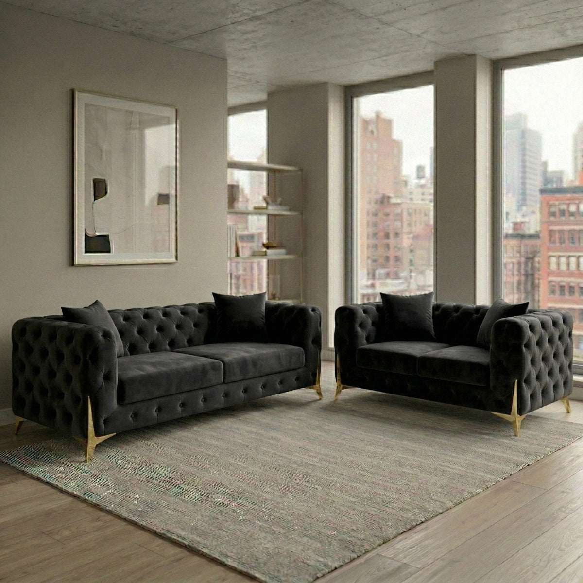Luxury Black 3+2 Seater Chesterfield Sofa Set